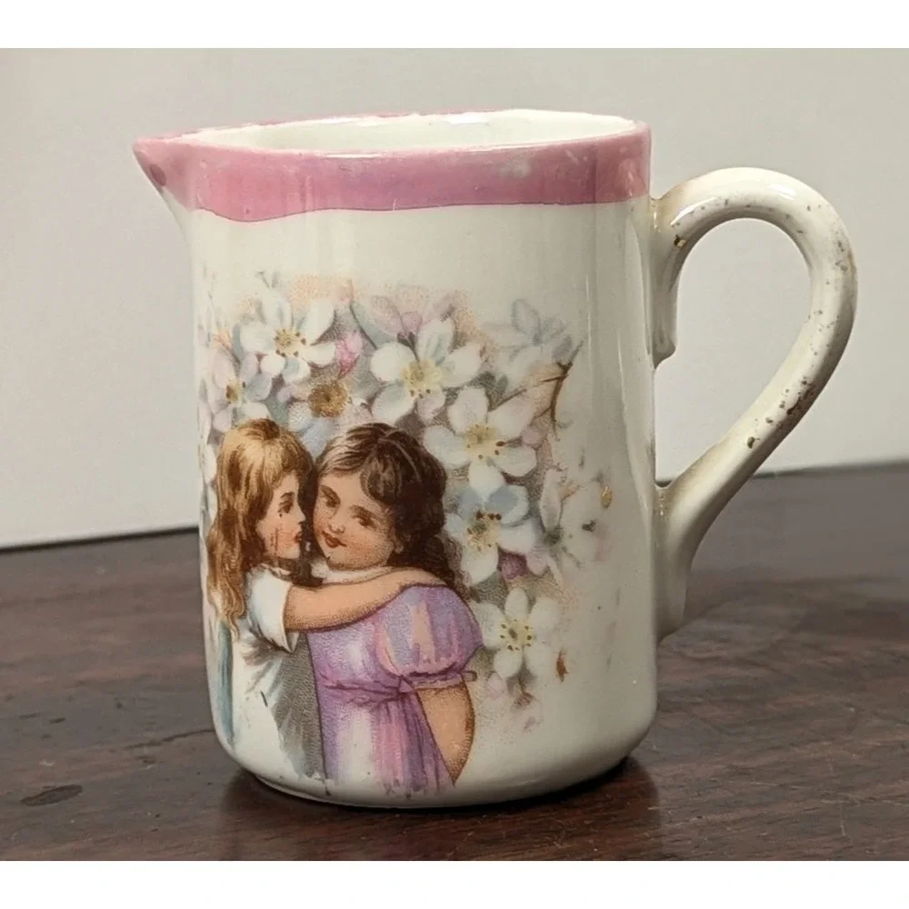 Vintage Mini Porcelain Creamer Pitcher Two Girls Floral Pink Rim 3.25